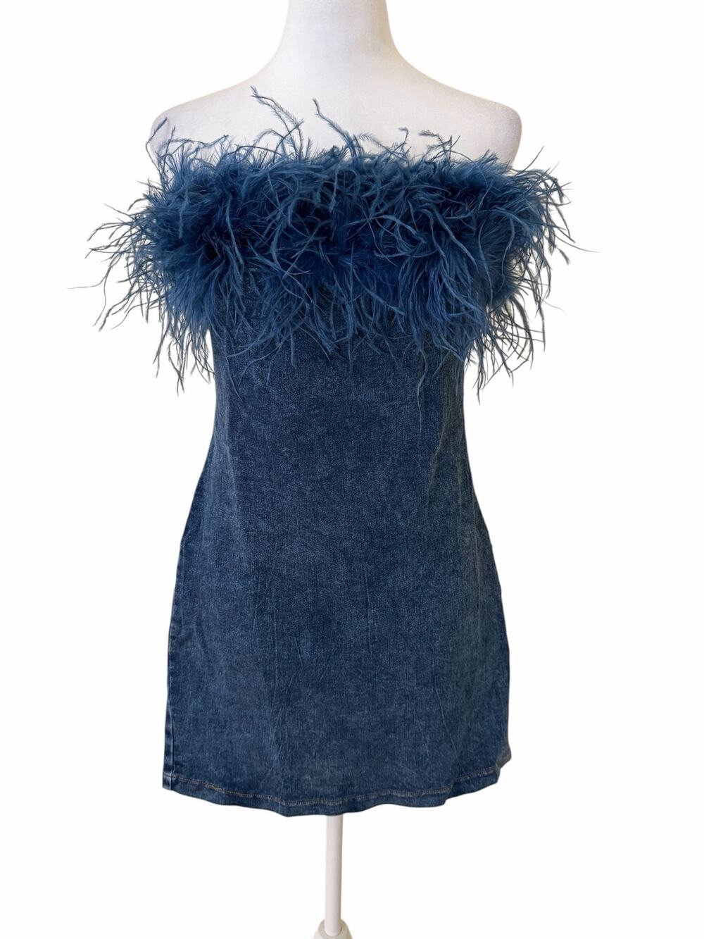 Salt Women Strapless Blue Mini Denim Feather Trim Dress Size L